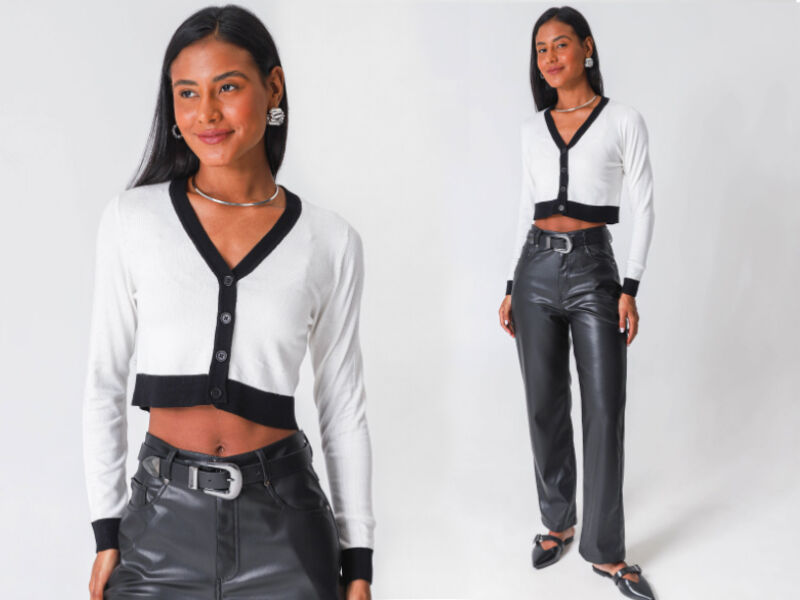 ideiasfrio 3 Mulher usando blusa cropped preta e branca com calça de couro