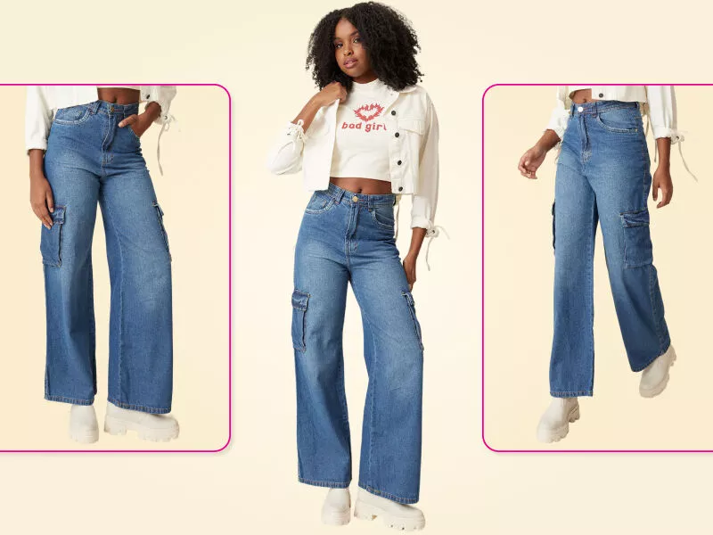 Calça jeans cargo feminina com corte largo