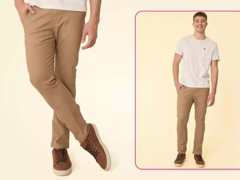 Homem usando calça bege e camiseta branca