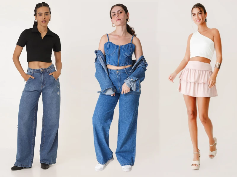 Três modelos com tendências de moda: calças de ganga largas, conjunto denim e saia cor-de-rosa com folhos.