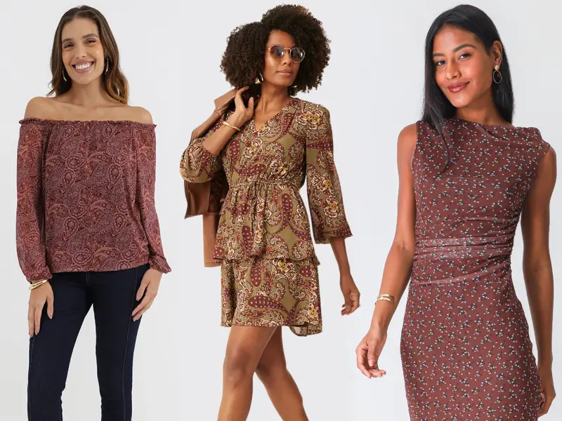 Moda feminina: blusa paisley de ombros descobertos e vestidos estampados boho em tons de bordeaux e terra.