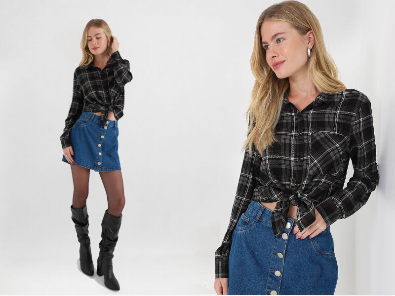 MaioBLOG 3 Modelo vestindo camisa xadrez e saia jeans