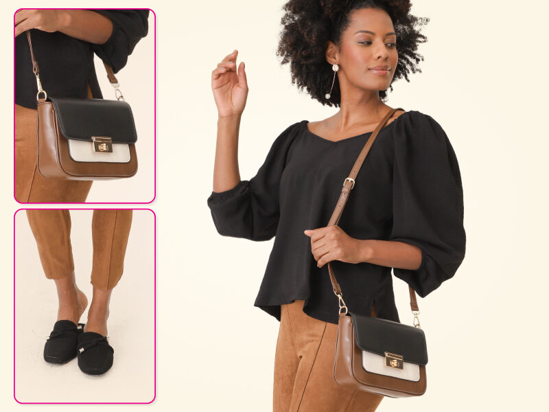 Modelo feminina usando bolsa e roupa casual
