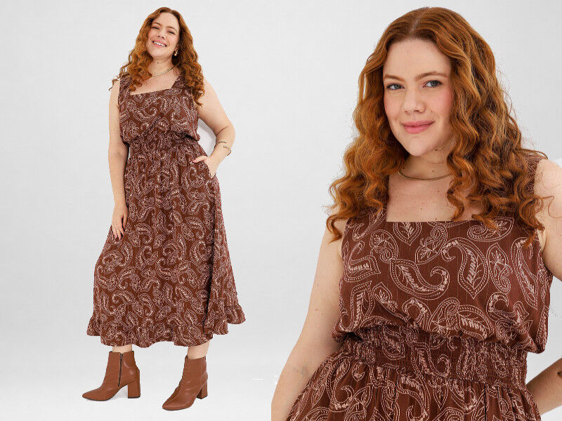 MaioBLOG 11 Mulher sorridente usando vestido longo estampado
