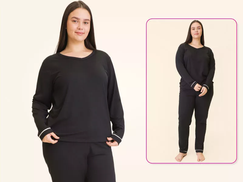 Modelo usando pijama preto confortável