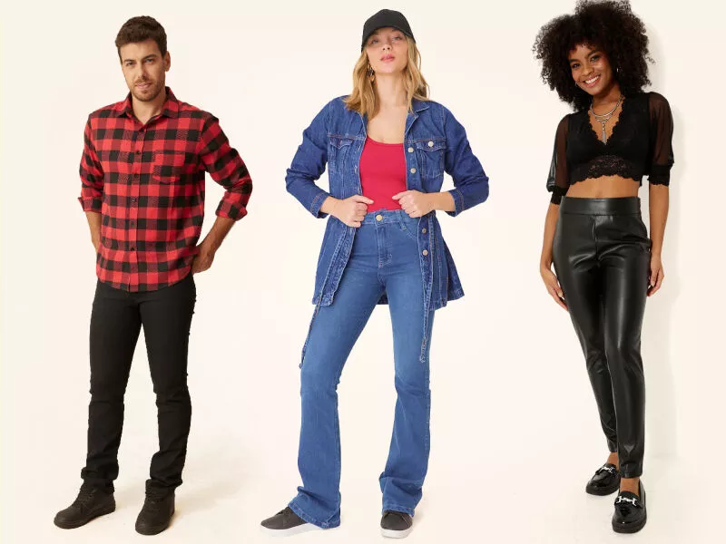 Três pessoas modelando roupas casuais estilosas.