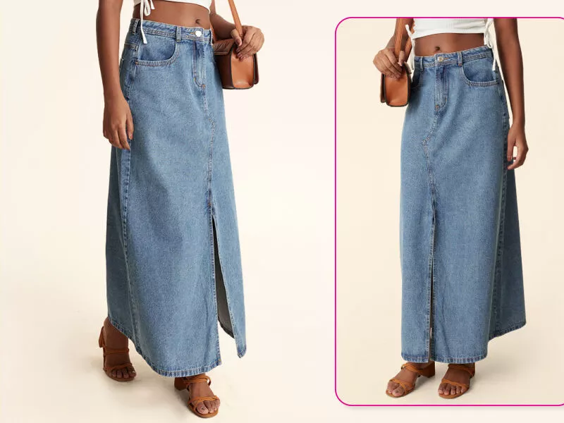 Saia jeans longa com fenda frontal e detalhes de moda