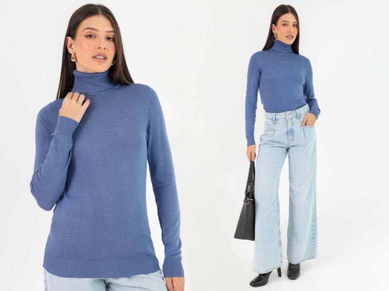 ideiasfrio 6 Mulher com suéter azul e calça jeans larga.