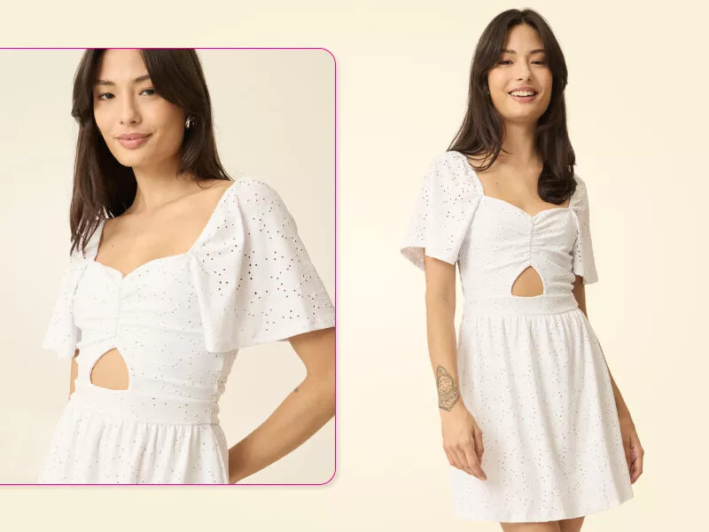Vestido branco com detalhes em rendas e decote.
