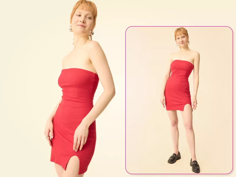 Mulher usando vestido curto vermelho sem alças.