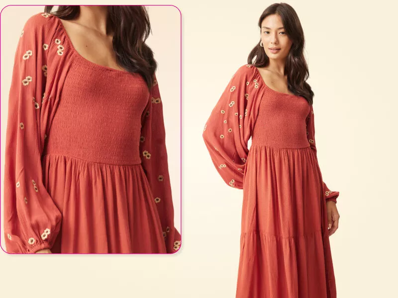 Vestido longo feminino com mangas bufantes e detalhes florais