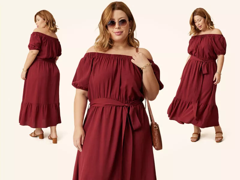 Vestido longo de verão vermelho escuro com mangas bufantes