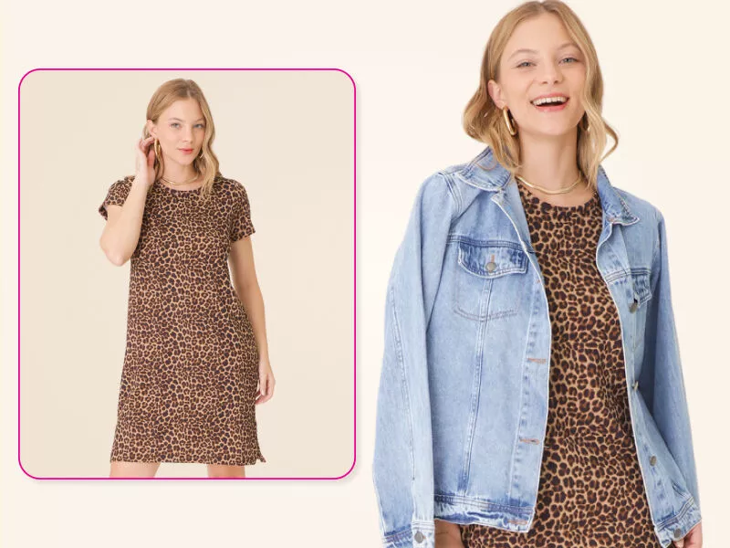 Vestido de onça com jaqueta jeans, look casual feminino.