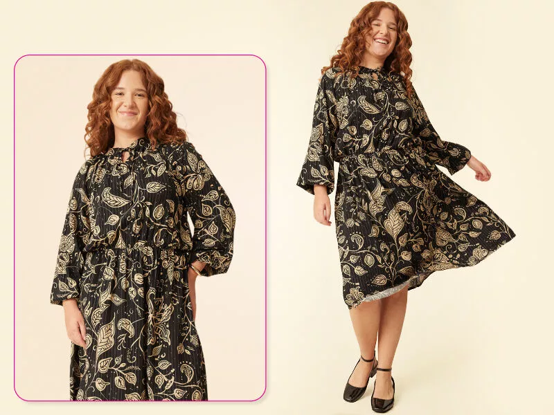 Vestido preto estampado com folhas e flores