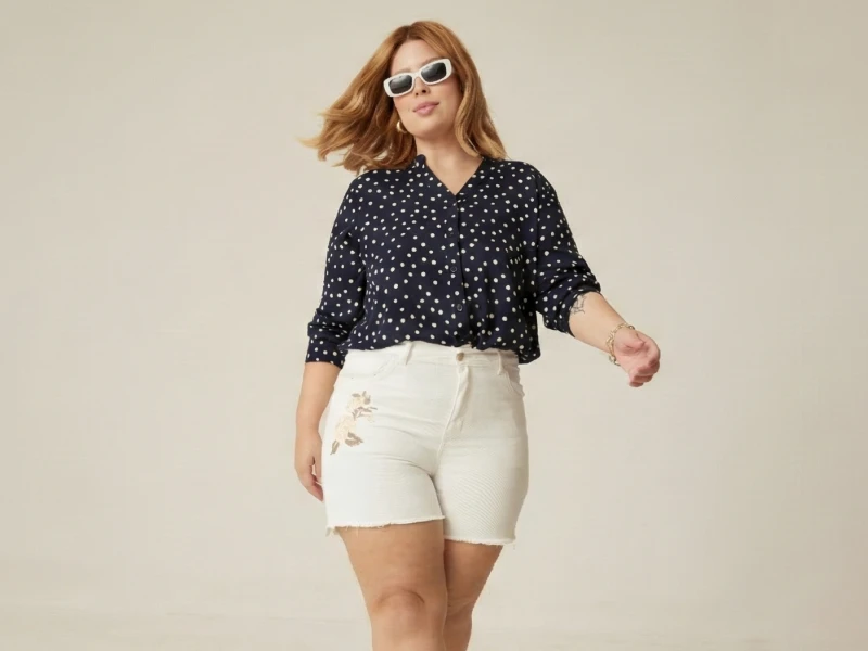 Mulher plus size com camisa azul às bolinhas e calções brancos bordados. Look casual feminino moderno.