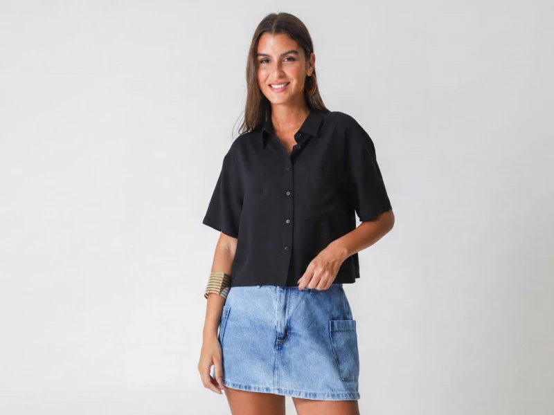 Mulher sorridente com camisa preta de manga curta e saia de ganga azul. Estilo casual feminino.
