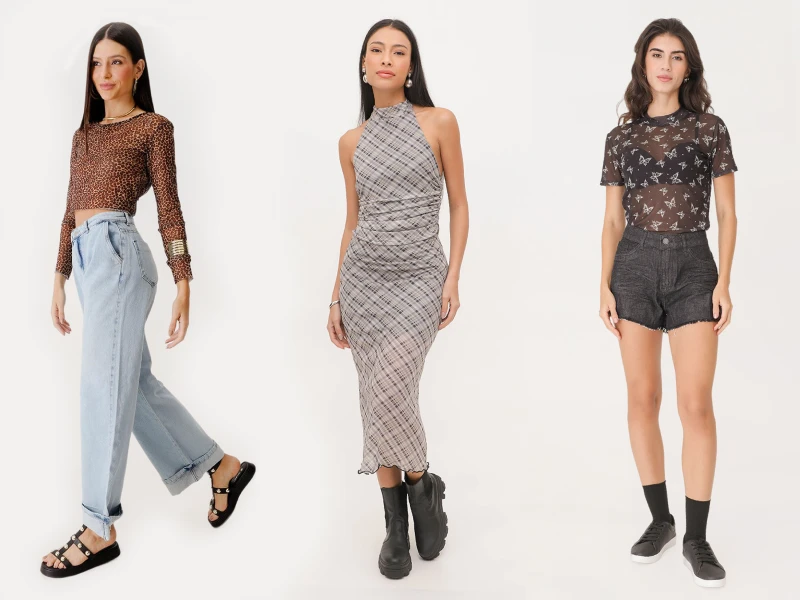 Moda feminina: top leopardo com jeans, vestido midi xadrez e t-shirt de borboletas com calções pretos.