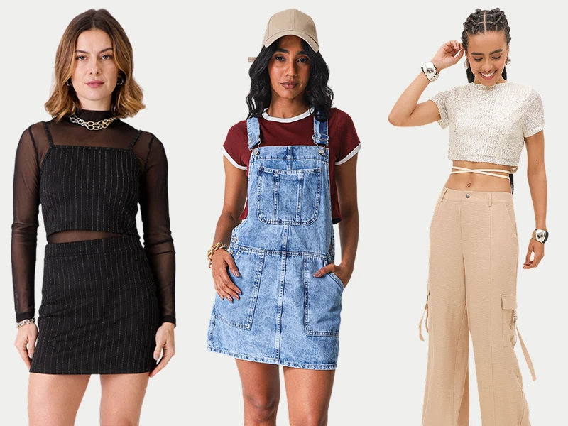 Moda feminina:
conjunto preto, vestido jardineira de ganga e top de lantejoulas com calças cargo bege.