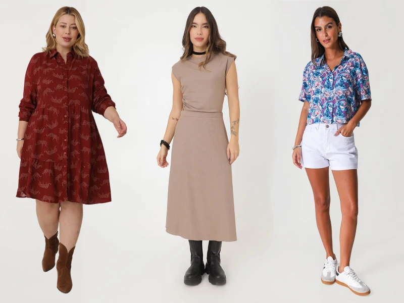 Moda feminina: vestido midi bordô, conjunto bege de saia e camisa estampada azul com calções brancos.