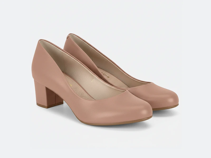 Sapatos scarpin de senhora em tom rosa nude com salto médio em bloco e biqueira arredondada.