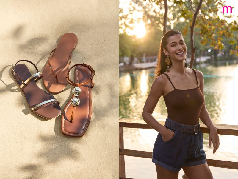 Sandálias elegantes em ambiente ao ar livre.