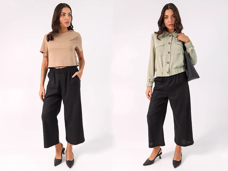 mulheres calças pretas largas com t-shirt bege e casaco verde claro. Look casual e elegante de moda feminina.