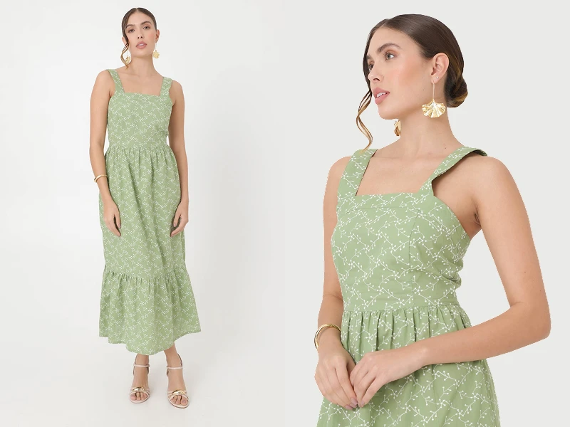 Mulher com vestido midi verde de padrão floral branco e decote quadrado, vista de frente e de perfil.