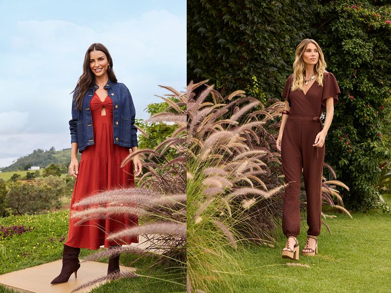 Moda feminina: vestido e macacão em ambiente natural