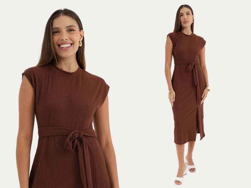 BLOG 800x600 1 Mulher sorrindo com vestido marrom ajustado