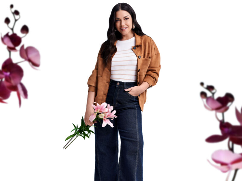 maesjpg Modelo com jaqueta laranja e flores, estilo casual