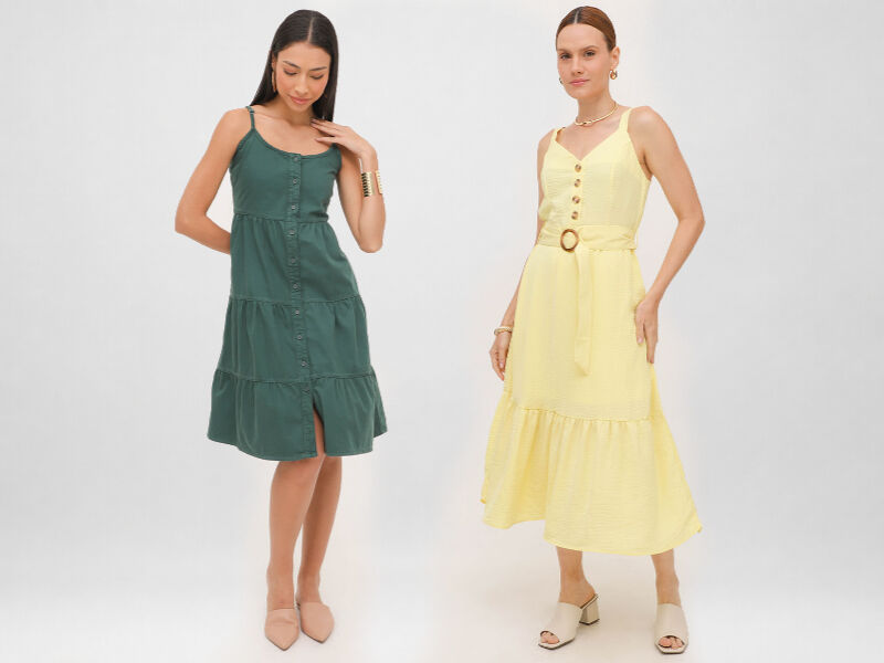 lookscopa 5 Duas mulheres usando vestidos elegantes em cores diferentes.