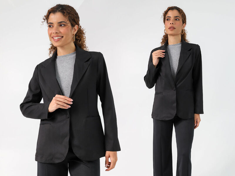 anos90 3 Modelo usando blazer preto elegante com calças
