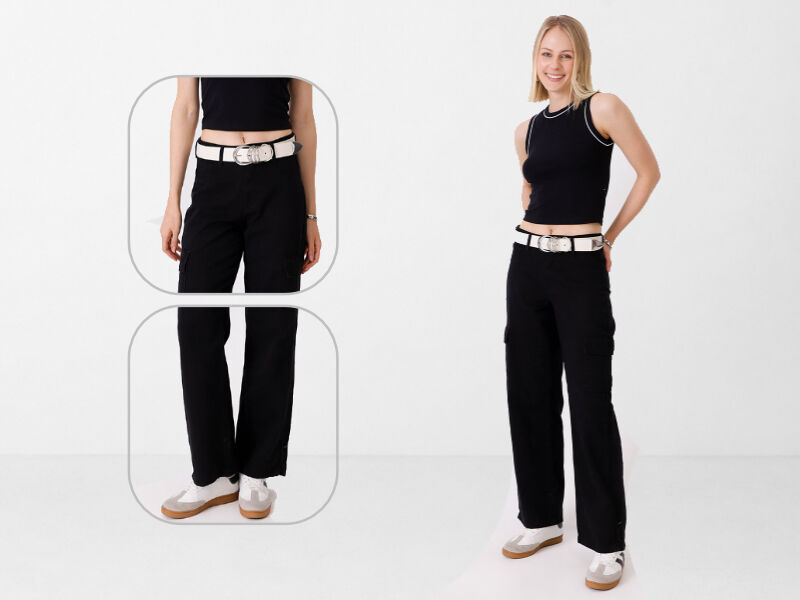 anos90 1 Modelo com calça preta e cinto branco em estúdio.