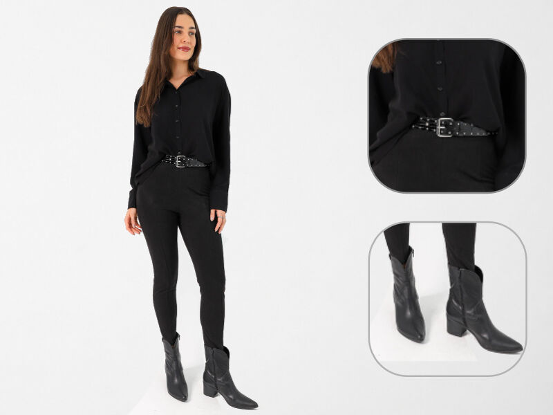allblack 8 Modelo feminina com camisa preta e botas de cowboy
