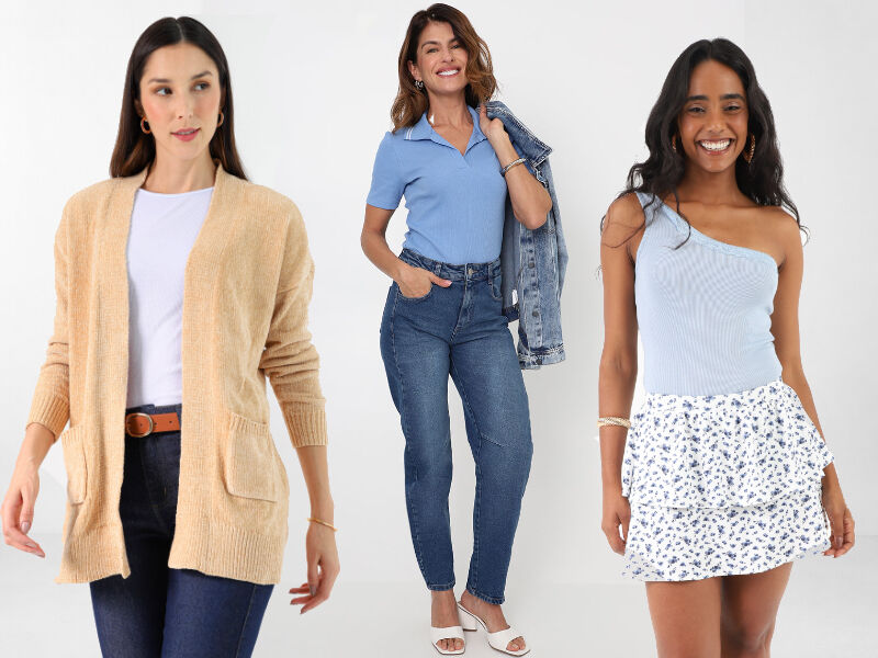 Três modelos com diferentes looks de moda feminina
