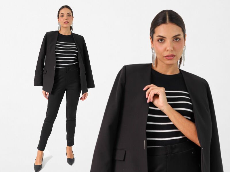 allblack 4 Mulher em traje formal com blazer e listras