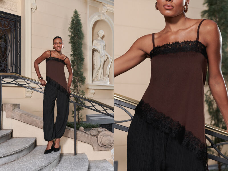 Modelo com look elegante em escadaria de palácio